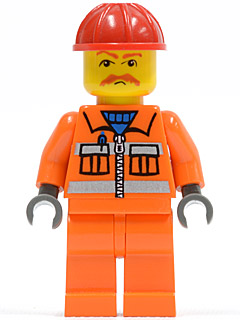 Orange Vest with Safety Stripes - Orange Legs, Red Construction Helmet, Brown Moustache, Dark Bluish Gray Hands