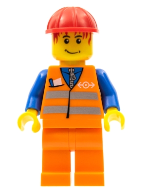 Orange Vest with Safety Stripes - Orange Legs, Red Construction Helmet, Red Bangs