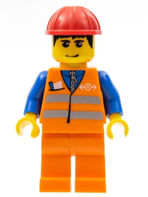 Orange Vest with Safety Stripes - Orange Legs, Red Construction Helmet, Black Hair, Eyebrows, and Smirk