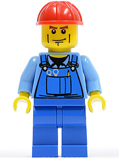 Overalls with Tools in Pocket Blue, Red Construction Helmet, Cheek Lines