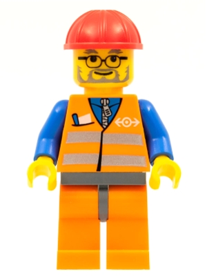 Train Worker, Orange Safety Vest with Train Logo, Orange Legs, Red Hard Hat, Glasses and Beard