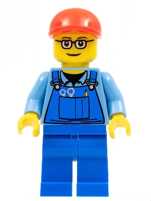 Overalls with Tools in Pocket, Blue Legs, Red Short Bill Cap, Glasses with Brown Thin Eyebrows