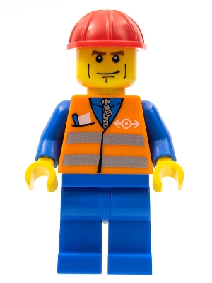 Orange Vest with Safety Stripes - Blue Legs, Brown Eyebrows and Cheek Lines, Red Construction Helmet