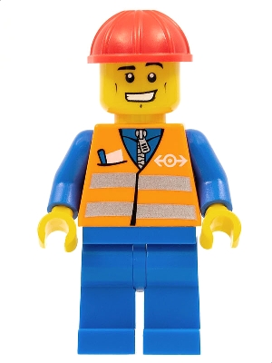 Orange Vest with Safety Stripes - Blue Legs, Cheek Lines and Wide Grin, Red Construction Helmet
