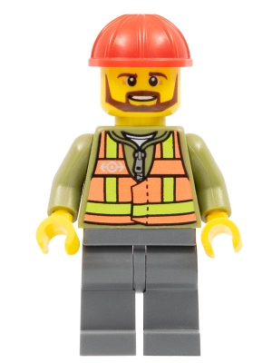 Light Orange Safety Vest, Dark Bluish Gray Legs, Red Construction Helmet, Brown Beard