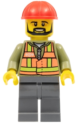 Train Worker, Orange Safety Vest with Train Logo over Olive Green Hoodie, Dark Bluish Gray Legs, Red Hard Hat, Black Beard