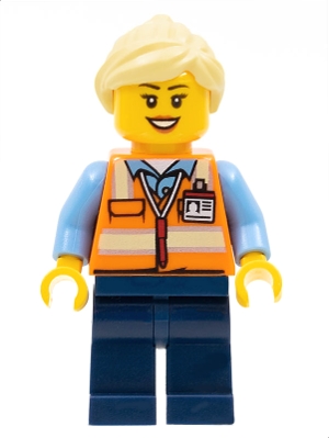 Train Worker - Female, Orange Safety Vest with Badge, Dark Blue Legs, Bright Light Yellow Ponytail and Swept Sideways Fringe