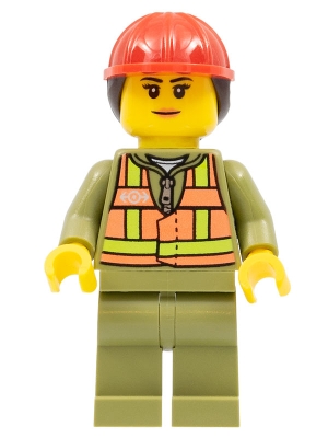 Train Worker - Female, Orange Safety Vest with Lime Straps, Olive Green Legs, Red Construction Helmet with Ponytail