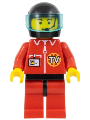 Pilot, Red Jumpsuit with TV Logo, Black Helmet with Visor, Headset