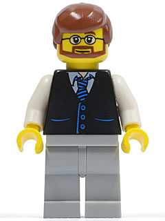 Black Vest with Blue Striped Tie, Light Bluish Gray Legs, White Arms, Reddish Brown Male Hair, Beard and Glasses