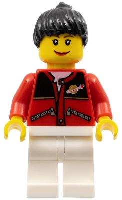 Red Jacket with Zipper Pockets and Classic Space Logo, White Legs, Black Female Ponytail Hair, Brown Eyebrows