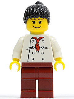 Chef - White Torso with 8 Buttons, Dark Red Legs, Black Ponytail Hair
