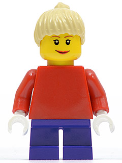 Plain Red Torso with Red Arms, Dark Purple Short Legs, Tan Female Ponytail Hair, Brown Eyebrows