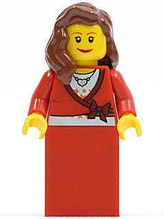 Sweater Cropped with Bow, Heart Necklace, Red Skirt, Reddish Brown Female Hair over Shoulder, Small Eylashes and Wide Smile