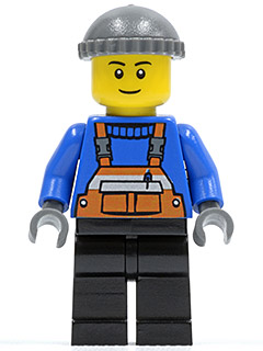 Man, Orange Overalls over Blue Sweater, Black Legs, Dark Bluish Gray Hat