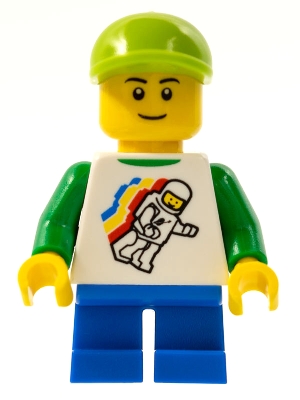 Boy, Floating Classic Spaceman on Shirt, Short Blue Legs, Lime Cap, Black Eyebrows