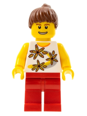 Woman, White Tank Top with Flowers, Red Legs, Reddish Brown Hair