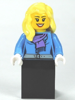 Medium Blue Jacket with Light Purple Scarf, Black Skirt, Bright Light Yellow Female Hair over Shoulder
