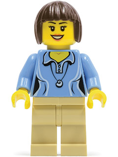 Medium Blue Female Shirt with Two Buttons and Shell Pendant, Tan Legs, Dark Brown Bob Cut Hair