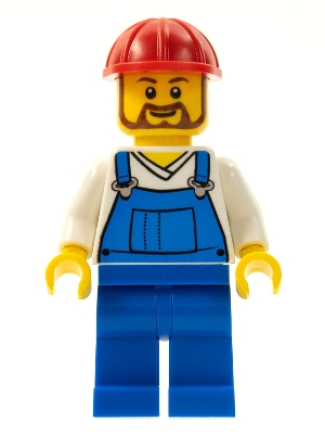 Overalls Blue over V-Neck Shirt, Blue Legs, Red Construction Helmet, Beard