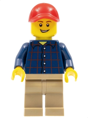 Plaid Button Shirt, Dark Tan Legs, Red Cap with Hole, Lopsided Grin with Teeth