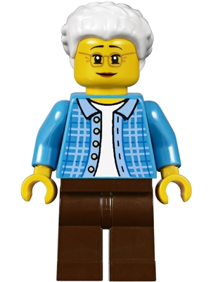 Grandma, Dark Azure Plaid Jacket with Collar, Dark Brown Legs and White Hair