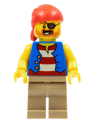 Pirate Man, Striped Red and White Shirt Under Blue Vest, Red Bandana, Left Eye Patch and 3 Gold Teeth, Dark Tan Legs