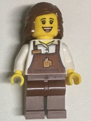 Barista Female with Reddish Brown Apron with Cup and Name Tag Pattern, Reddish Brown Female Hair Mid-Length