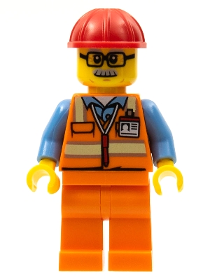 Orange Safety Vest with Reflective Stripes, Orange Legs, Red Construction Helmet, Glasses