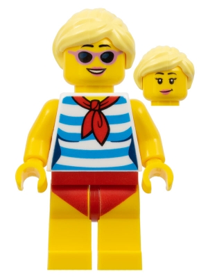 Female with Blond Hair, Medium Lavender Sunglasses, Red Scarf, Blue Striped Shirt, Red Swimsuit &#40;Ludo Yellow&#41;