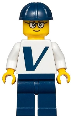 Male with Vestas Logo on Torso, Dark Blue Legs, Dark Blue Construction Helmet, Glasses
