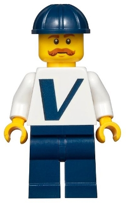 Male with Vestas Logo on Torso, Dark Blue Legs, Dark Blue Construction Helmet, Moustache