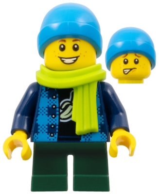 Child Boy, Dark Azure Beanie, Lime Scarf, Banana Shirt, Dark Green Legs