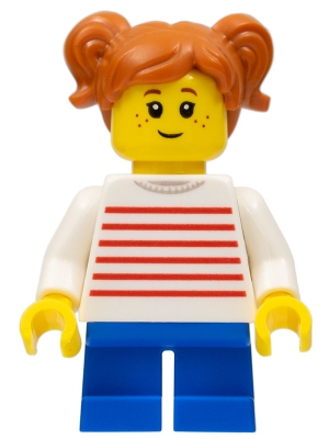 Girl with Dark Orange Two Pigtails Hair, White Sweater with Red Horizontal Stripes, Blue Short Legs