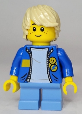 Child Boy, Blue Jacket with Bright Light Blue Shirt, Medium Blue Short Legs, Tan Tousled Hair