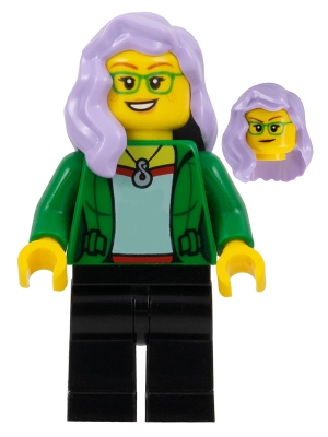 Woman, Open Green Jacket, Black Legs, Lavender Hair