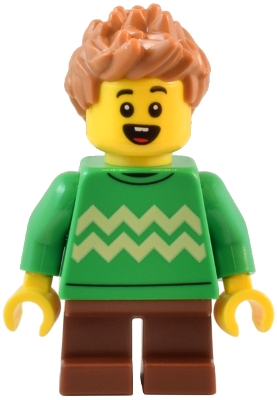 Child - Boy, Bright Green Sweater with Bright Light Yellow Zigzag Lines, Reddish Brown Short Legs, Medium Nougat Spiked Hair