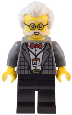 Natural History Museum Curator - Male, Dark Bluish Gray Plaid Jacket with Red Bow Tie, Black Legs, White Hair, Glasses