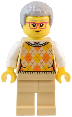 Natural History Museum Visitor - Female, Tan Knit Argyle Sweater Vest, Tan Legs, Light Bluish Gray Coiled Hair, Glasses