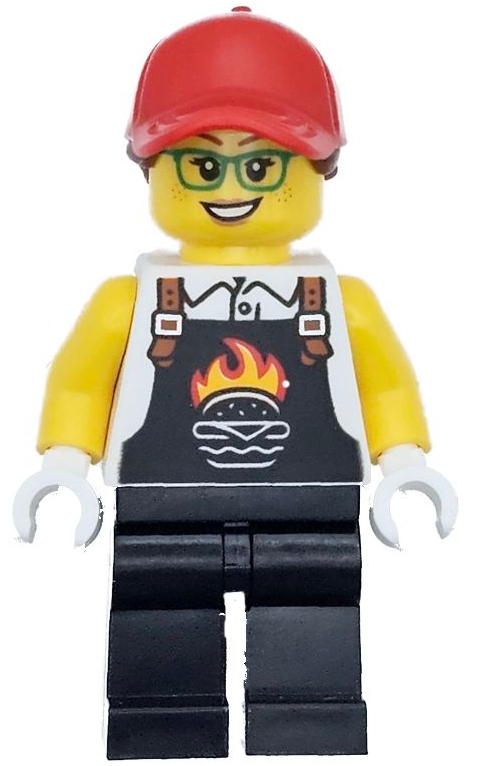 Chef, Black Apron with Flaming Burger, Black Legs, Red Cap, Glasses