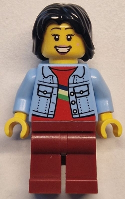 Woman - Bright Light Blue Denim Jacket, Dark Red Legs, Black Mid-Length Tousled Hair