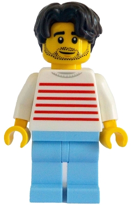 White Striped Torso, Bright Light Blue Legs, Dark Brown Hair