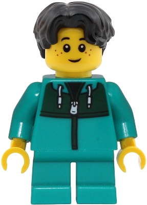 Child - Boy, Dark Turquoise Jacket with Dark Green Panel, Dark Turquoise Short Legs, Black Hair Wavy
