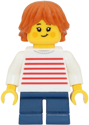 Child - Girl, White Sweater with Red Horizontal Stripes, Dark Blue Short Legs, Dark Orange Tousled and Layered Hair