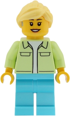 Ferris Wheel Operator - Female, Yellowish Green Jacket over White Shirt, Medium Azure Legs, Bright Light Yellow Hair Ponytail, Hearing Aid
