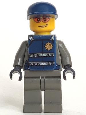 Security Guard, Dark Gray Shirt with Badge, Dark Blue Cap, Dark Blue Vest, Orange Sunglasses