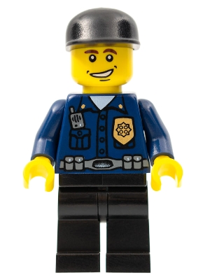 Police - World City Patrolman, Dark Blue Shirt with Badge and Radio, Black Legs, Black Cap, Smile