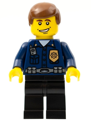 Police - World City Patrolman, Dark Blue Shirt with Badge and Radio, Black Legs, Brown Male Hair, Smile
