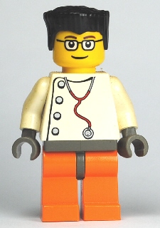 Doctor - Stethoscope with 4 Side Buttons, Orange Legs, Black Flat Top Hair, Glasses