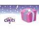 Part No: clikits255pb02  Name: Clikits Paper, Gift Tag with Hole with Pink Present with Light Blue Ribbon, Snowflakes, and Logo Pattern
